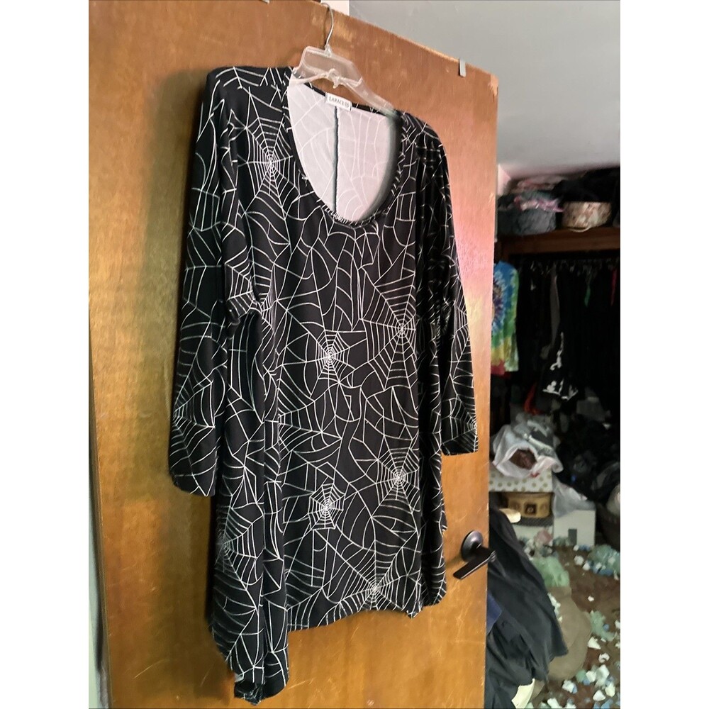 Larace Spider Web Womems Top Black Halloween Silver Metallic Spooky 5X